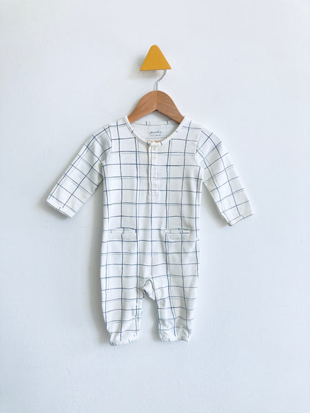 Pehr REALLY LOVED Grid Romper (discoloured around buttons, mark on left pocket) (6-12M)