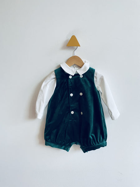 Luli Me Velvet & Peter Pan Collar Shirt Romper Set (missing button at crotch) (6M)
